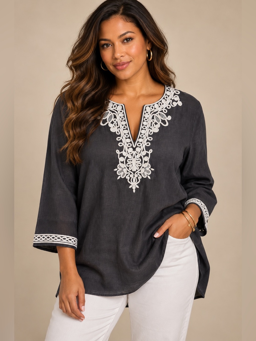 Jones New York 100% Linen Embroidered Tunic Top Charcoal Grey XL